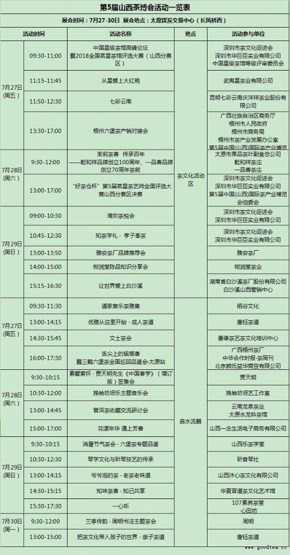 2018山西茶博会活动排期表